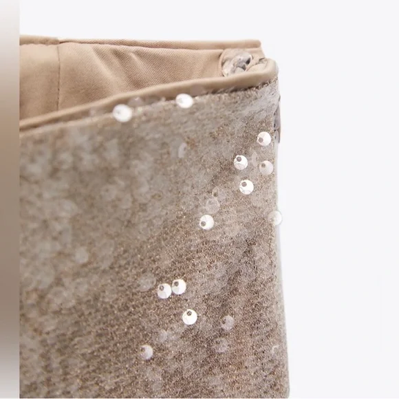 Zara champagne gold sequin embellished sparkly knit dress pants pull on L NWOT - Picture 3 of 15